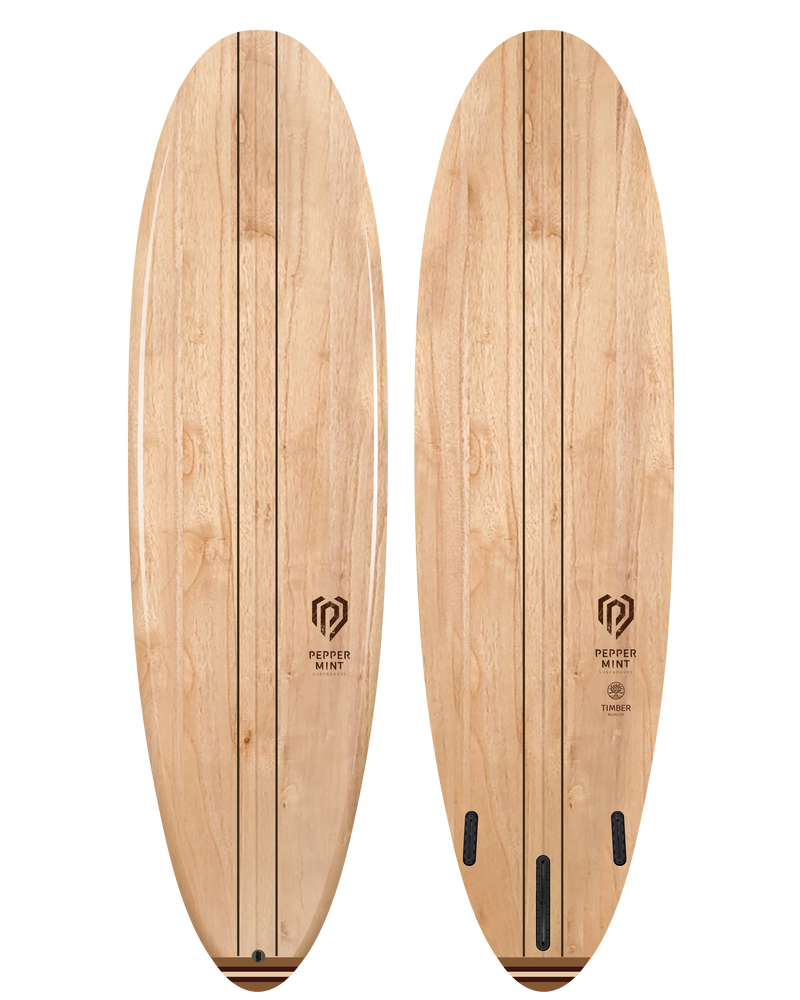 Planche de surf en bois vu du dessus avec un train et petit logo