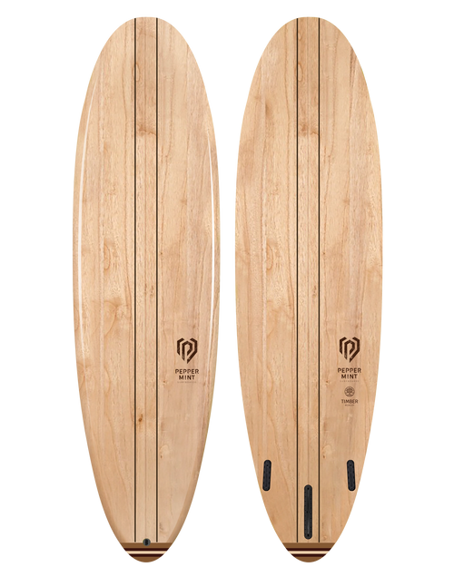 Planche de surf en bois vu du dessus avec un train et petit logo